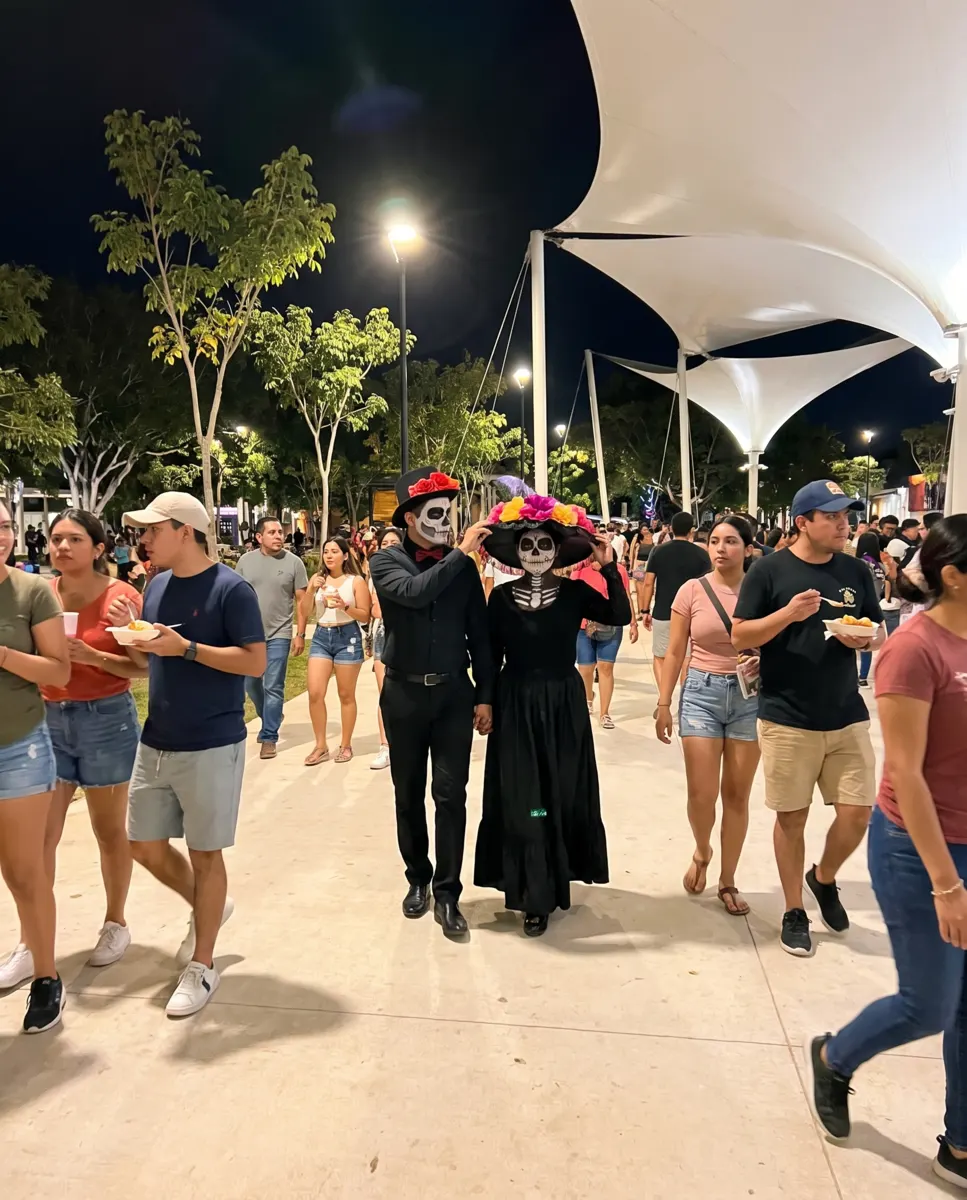 Pareja disfrazada de Catrina y Catrín caminando entre la gente de noche
