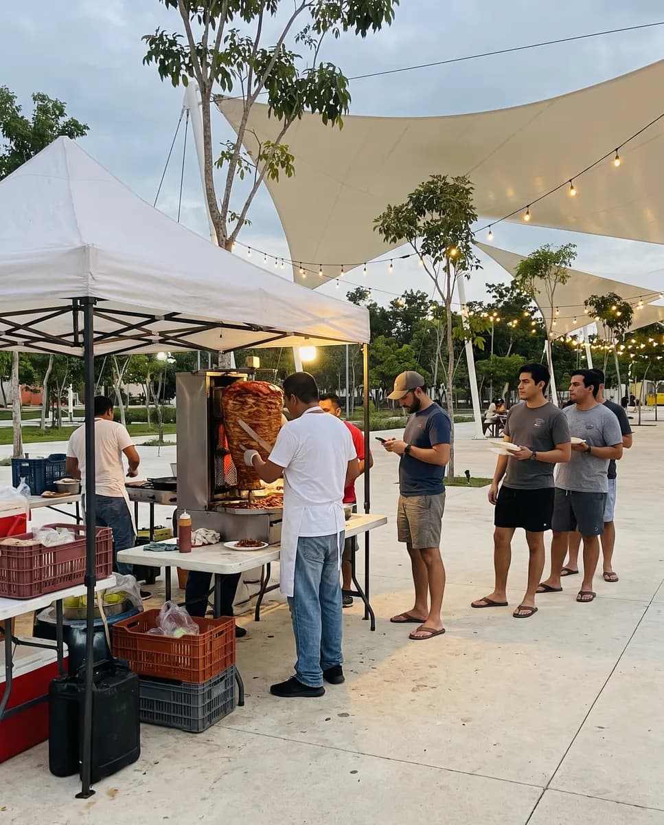 Taquero rebanando al pastor bajo una carpa blanca mientras la gente hace fila con sus platos
